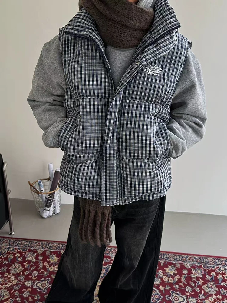 سترة شتوية دافئة سترات نسائية Y2K موضة منقوشة فضفاضة بياقة واقفة سترة Bf ملابس الشارع بدون أكمام معاطف منفوشة للأسفل #2