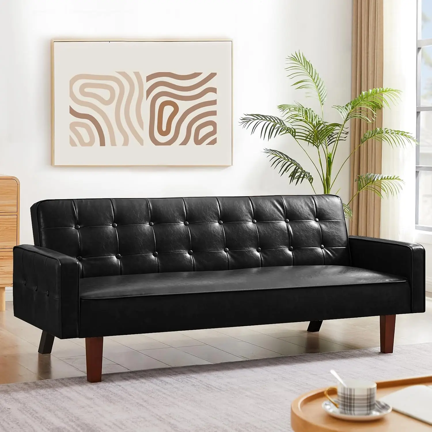 Faux Leather Couch, Mid Century Modern Sofa with Memory Foam, Comfy 3 Seater Couch for Small Spaces, Living Room,, Custom