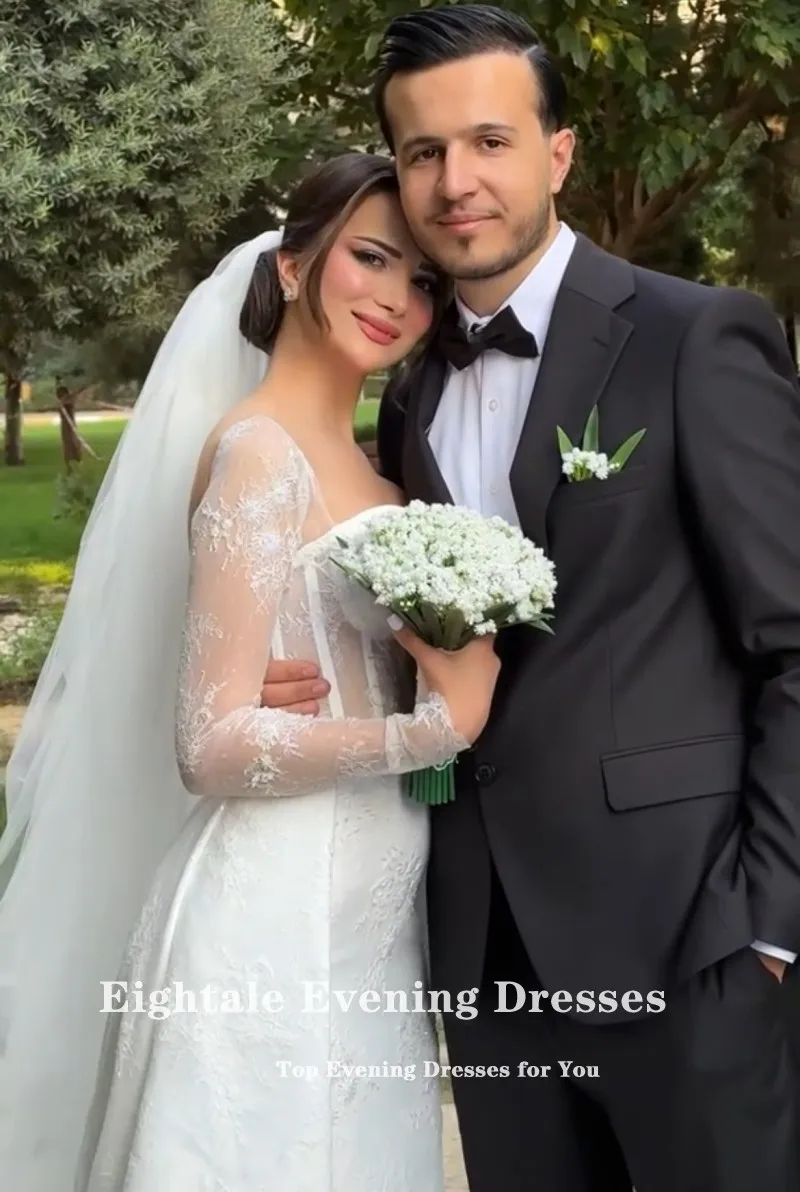 Abiti da sposa arabi Eighale maniche lunghe Sweetheart pizzo sirena bianco avorio raso corte strascico abiti da sposa personalizzati