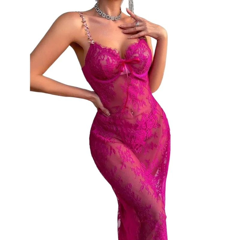 

Summer Pajamas Womens Sleepwear Lace Nightgowns See Through Maxi Dress Ladies Spaghetti Strap Sheer Mesh Lace Floral Dresses