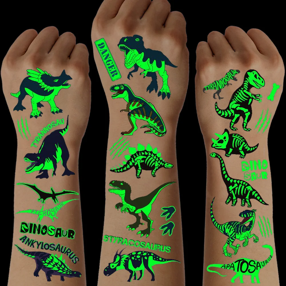 10 Sheets Luminous Dinosaur Temporary Tattoos, Waterproof Glow In The Dark T-Rex Pterosaur Velociraptor Triceratops Stegosaur De