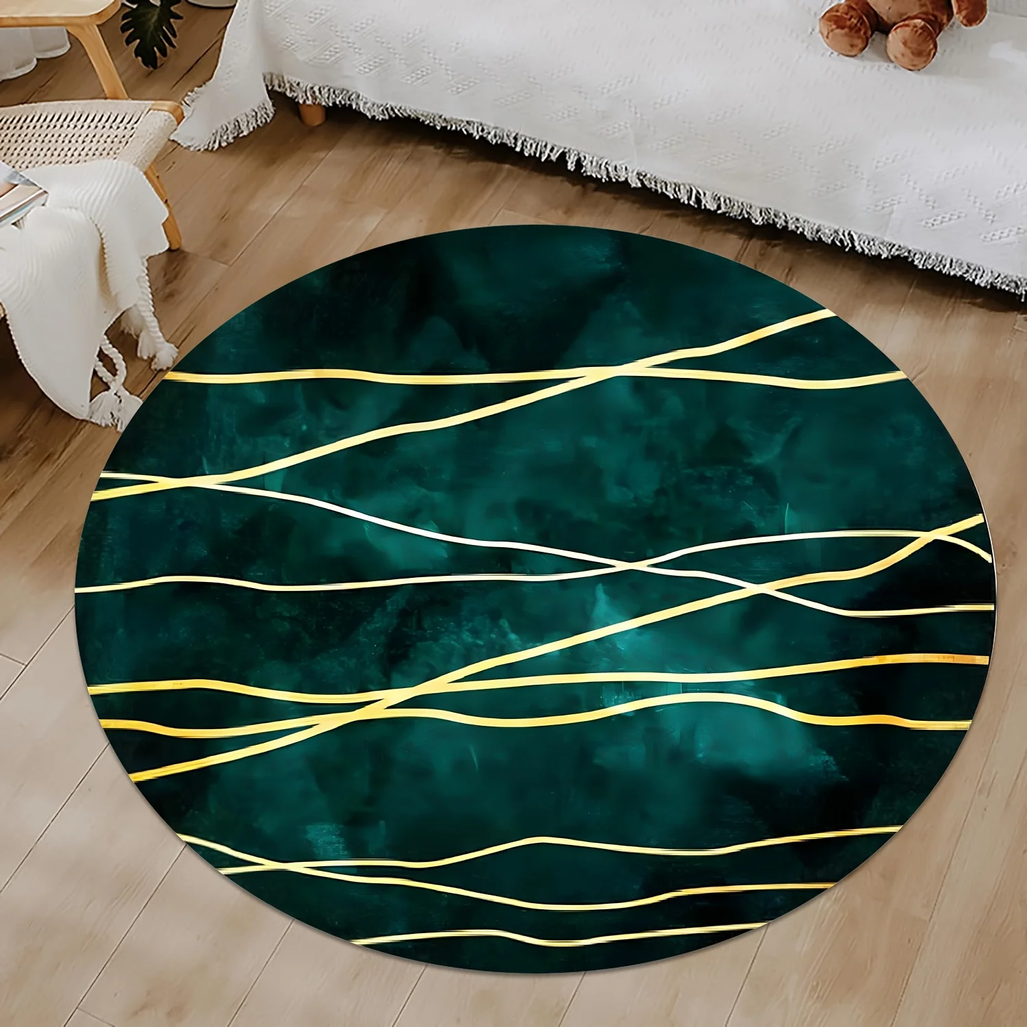 Dark Green Marbling Golden Streaks Circular Area Rug  Luxury Abstract Gold Wave Line Round Mat Modern Home Indoor Decor