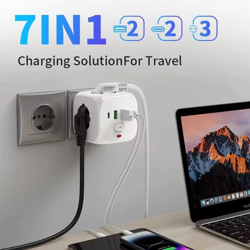 7-in-1 EU Power Strip and Surge Protector with 3 AC Outlets and 2 USB and 2 Type-C and Switch and Overload Protection