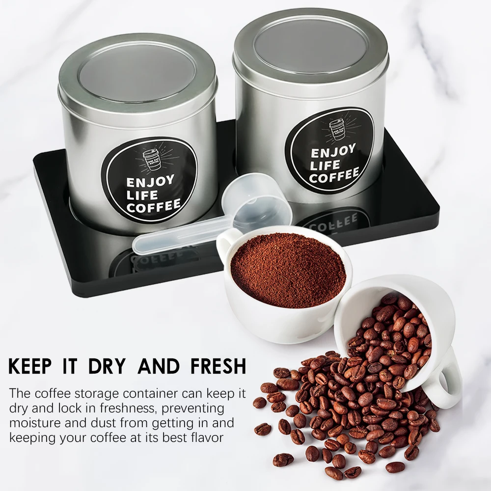 Coffee Canister Set With Shelf & Spoon 2 Piece Coffee Containers For Coffee Bean Ground Coffee Storage Coffee Bar Accessories