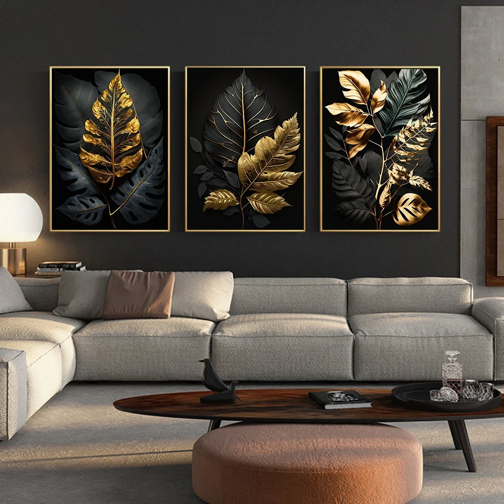 Black and Gold Leaf Plant Canvas Painting Nordic Wall Art Modern Luxury Mural Posters Prints for Living Room Home Decor Pictu