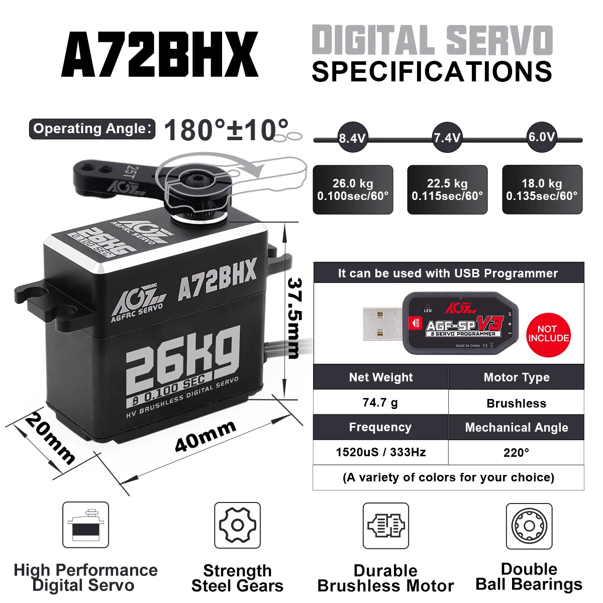 AGFRC A72BHX 26KG High Torque Fast Speed HV Brushless Metal Gear Digital Steering Servo Motor For 1/10 RC Car Crawler Buggy