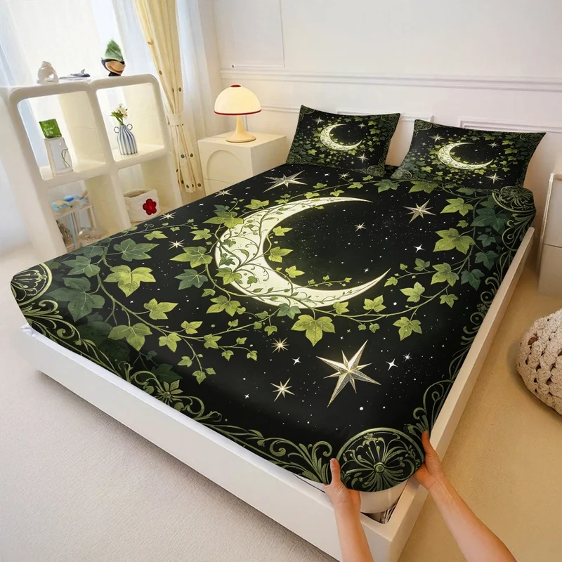 3Pcs Fitted Sheet Set,Dark Ivy Moon Star Print,Elastic Wrap Bedding,Breathable Machine Washable,Decor For Halloween Bedroom Vibe