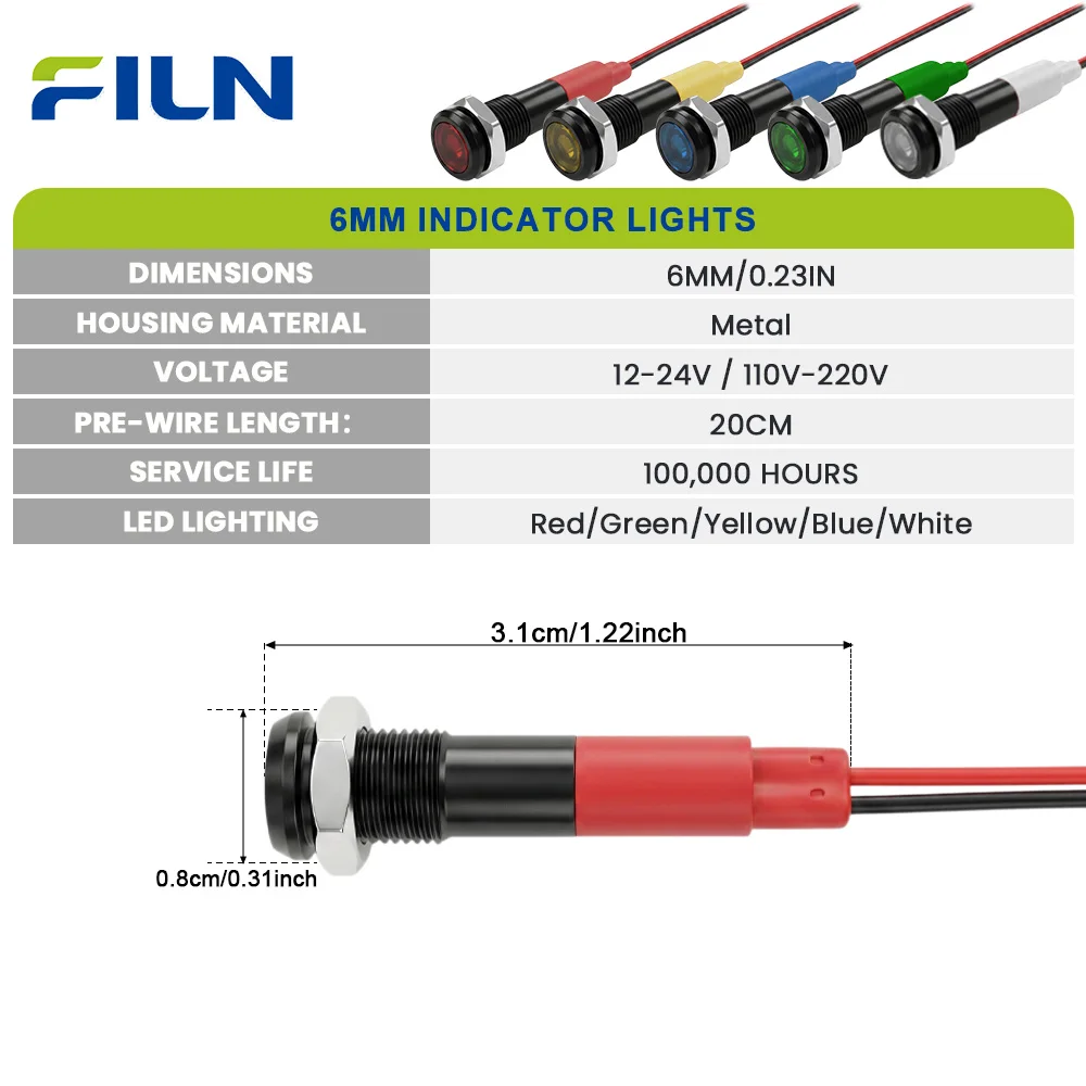 FILN 1PCS 6mm IP67 Waterproof Warning Lights 12V-24V/110V-220V LED Metal Robust Signal Lamps for Facility Equipment Status Panel