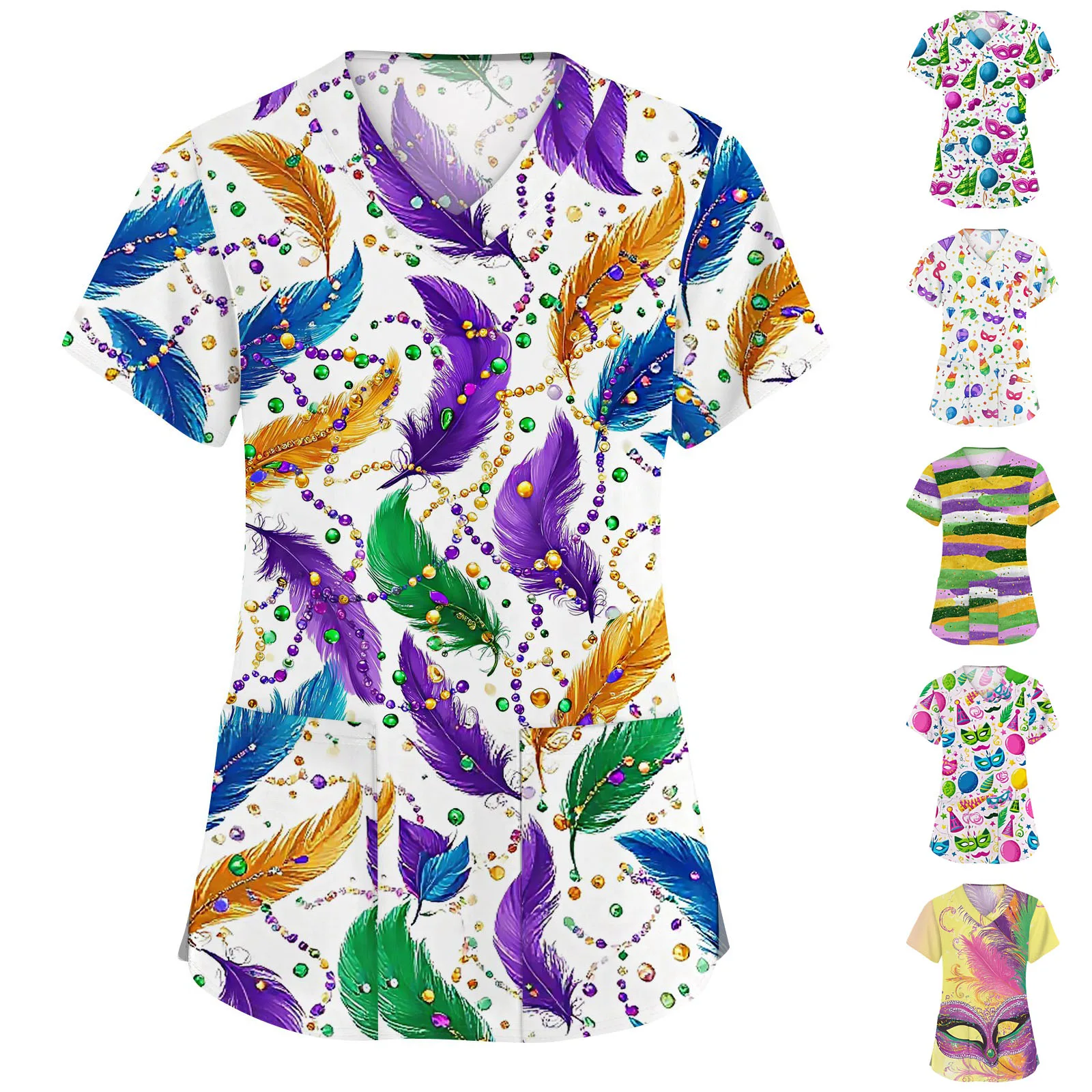Ropa de trabajo de manga corta con cuello en V a la moda para mujer con bolsillo, uniforme de enfermera con estampado de carnaval, uniforme médico, uniforme clínico, S-5XL