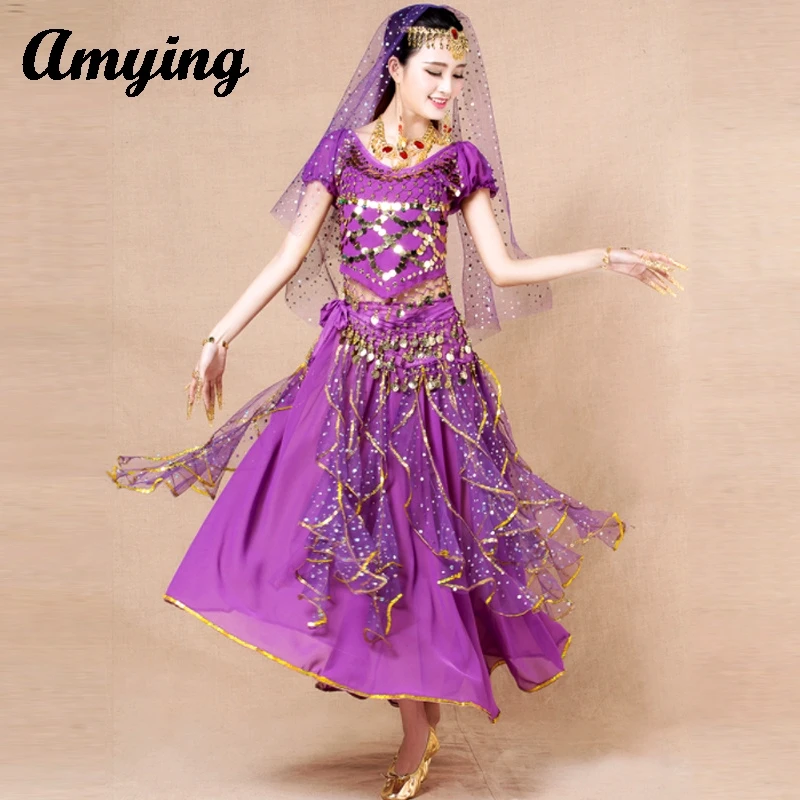 Shining Belly Dance Pendant Coin Short Sleeve Top Ribbon Colorful Skirt Stage Performance Costume Indian Dance Practice Dress