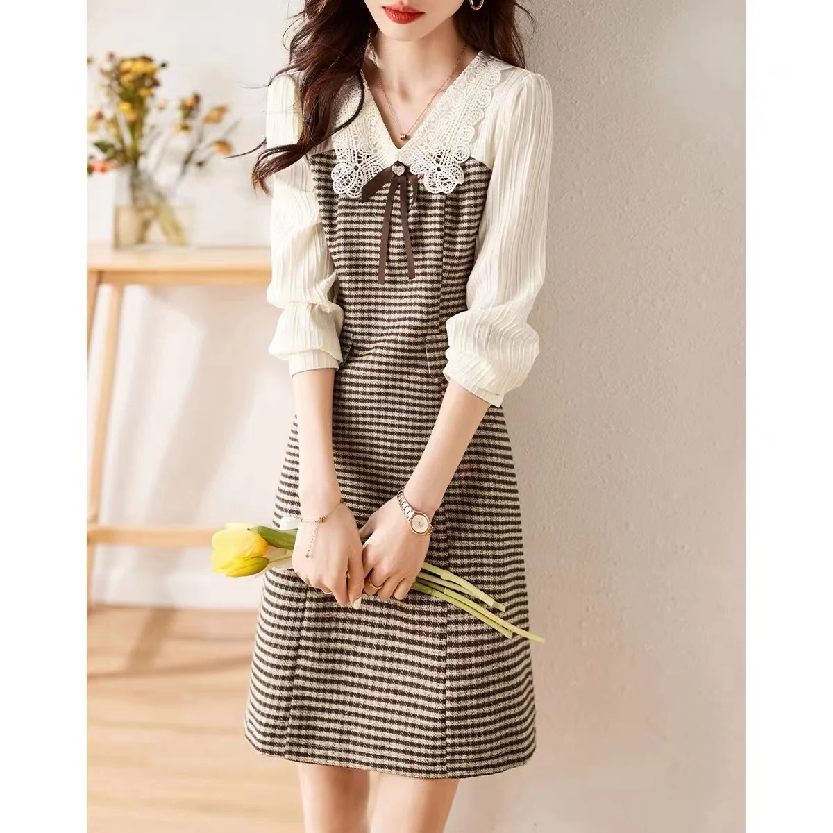 Faionable Simple couleur Blo Me panneau Ele Plaid polyvalent Midi Dr femmes printemps automne nouveauté longue Sve