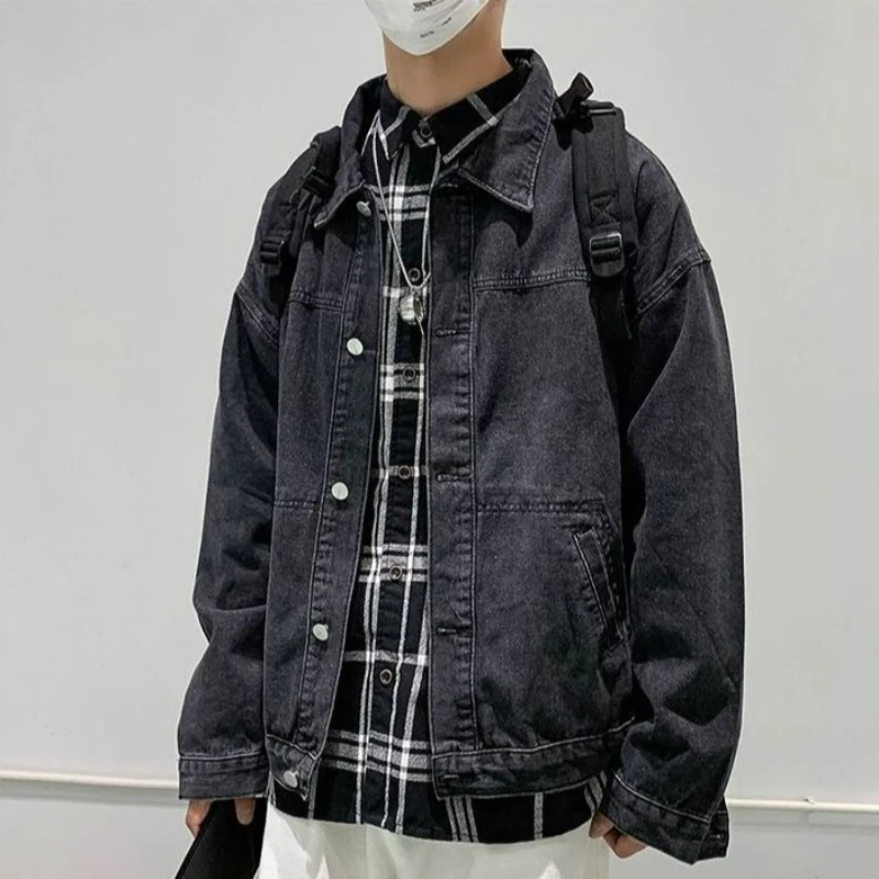 

Black Button Loose Men's Denim Jacket Fast Delvery Worn Lxury Size L Casual Clothing High Quality Y2k Vintage Male Jean Coats
