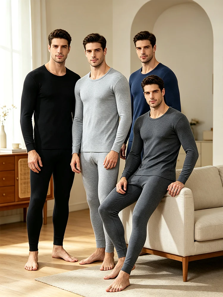 2/4Men's Autumn/Winter Warm Suit Solid Color Multi-Color Round Neck Drawstring Long Sleeved Top Letter Elastic Waist CasualPants
