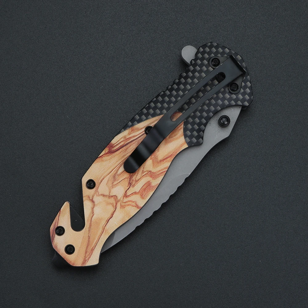 XUANTENG grid wooden handle outdoor folding knife laser pattern high hardness sharp knife camping casual portable pocket knife