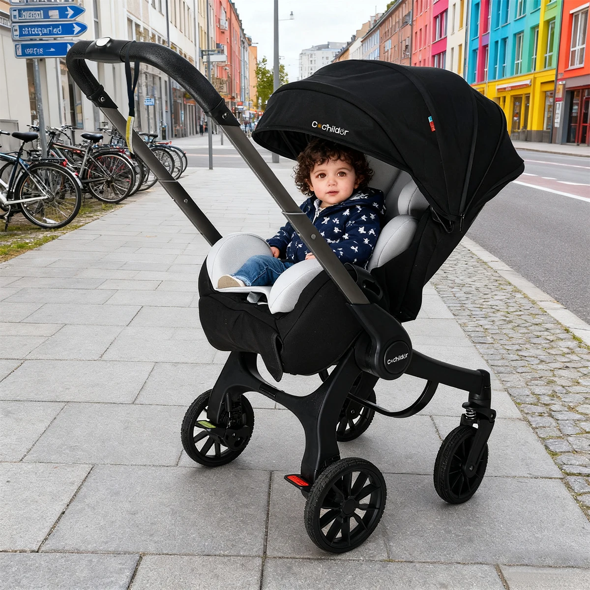 

Portable, lightweight, and foldable baby stroller with a metal frame; it can be pushed in either direction and comes with a sunshade.