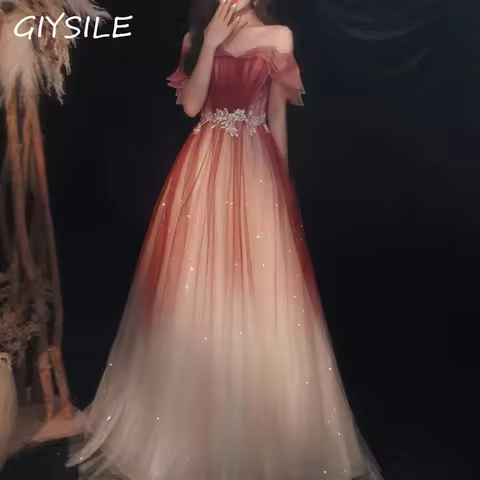 Off Shoulder Prom Dress Sparkling Temperament Wine Red Gradually Changing Maxi Dress Ball Gown Evening Dresses Vestidos De Gala