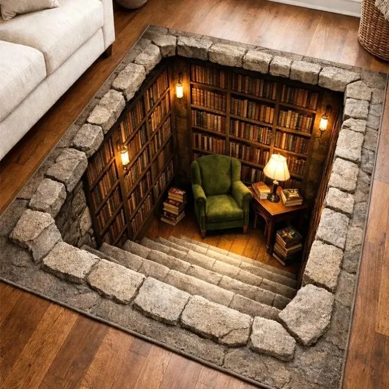 VIKAMA Optical Illusion Rug Bookshelf Stairs Non-slip for Library Living Room Bedroom Book Lover Gift Decor