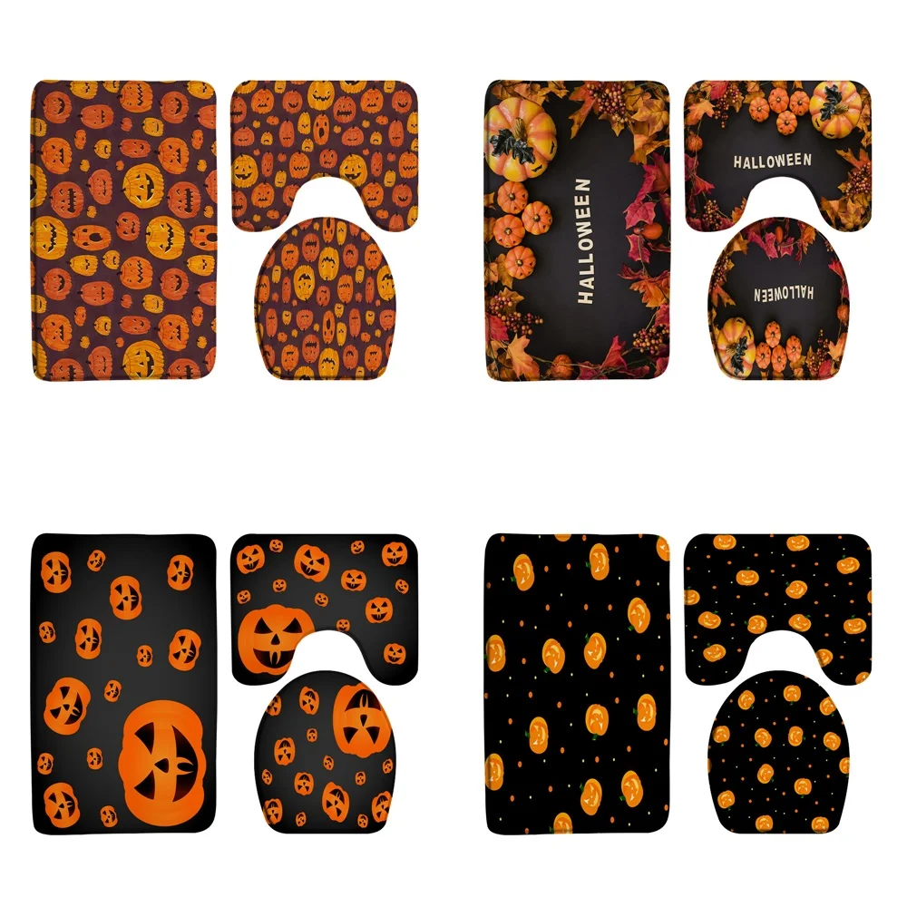 

3pcs Halloween Pumpkin Bath Mat Set Autumn Leaves Holiday Bathroom Decor Rug Doormat Non Slip U-shaped Carpet Toilet Seat Cover