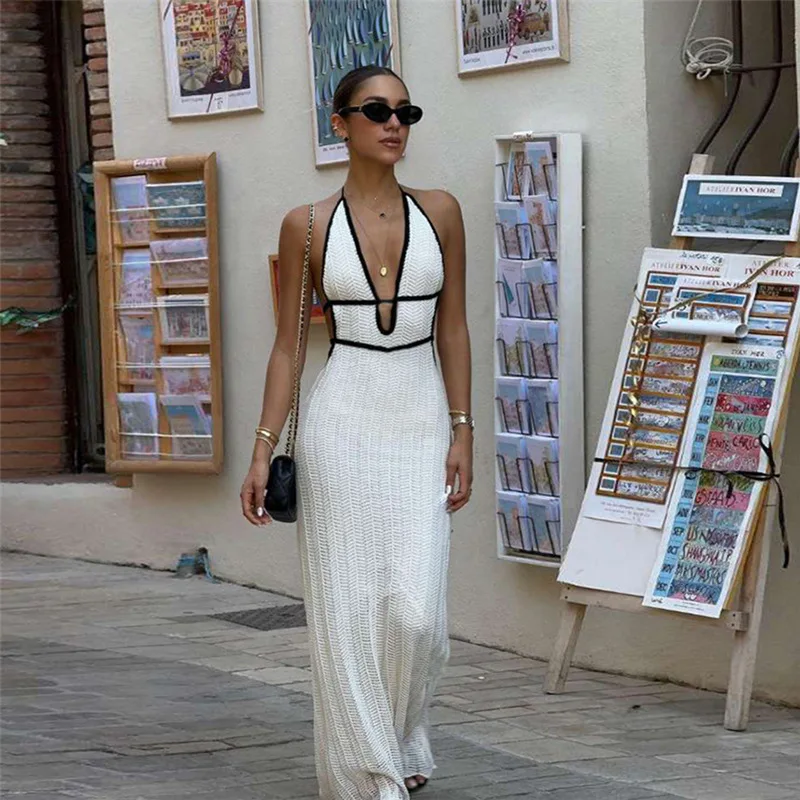

Sexy Elegant Halter Dress Women Summer Backless Lace-Up Color-Block Sleeveless Trendy Nightclub Wild Fashion Clothing