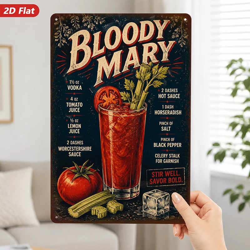 2D Flat, 1pc Cocktail Recipe Vintage Metal Sign Wall Art, Mary Wording, Tall Red, Celery Stalk Garnish, Tomato And Ice Cubes,