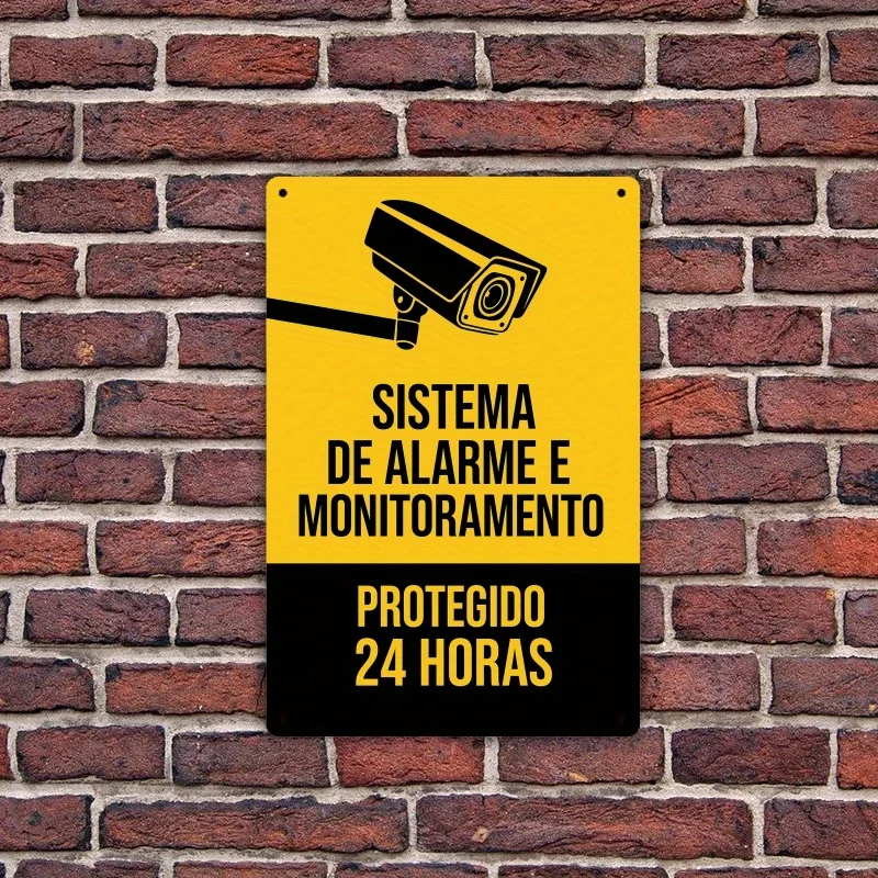 High Definition Metal Tin Sign 24 Hours Surveillance Warning Plaque Portuguese Security Camera System Sign 