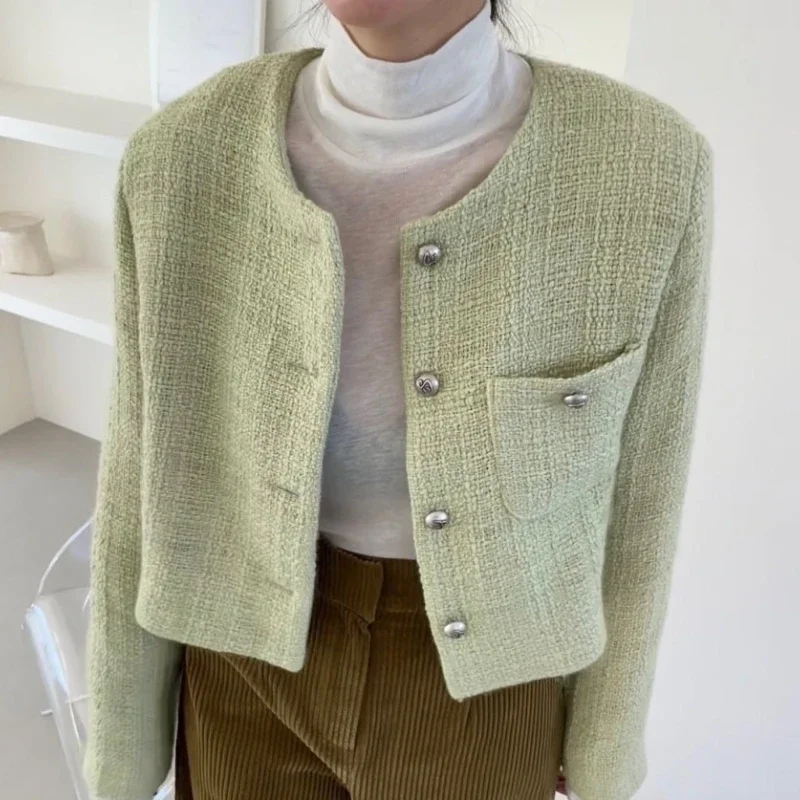

Autumn Winter Long Sleeve O-neck Button Office Lady Coats Korean Style Female Short Design Woolen Jackets Women's Slim Cardigan
