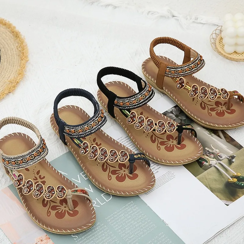 

Summer Bohemian Style Women's Sandals Open-toe Beaded Rhinestone Buckle Beach Women's Slippers Woman's Shoes Sandalias De Mujer