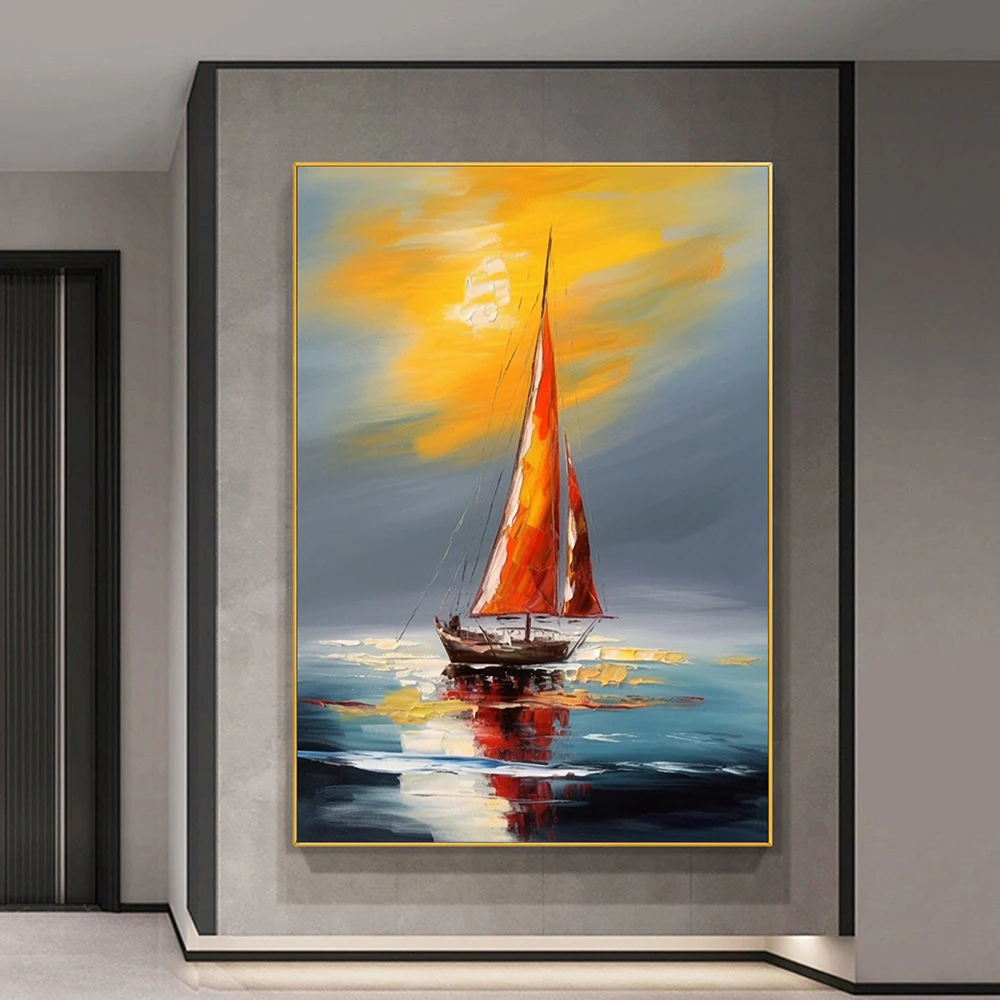 Hand Painted Oil Painting Nautical Canvas Wall Art Large Abstract Sailboat Oil Painting Modern Seascape Painting Bedroom Decor