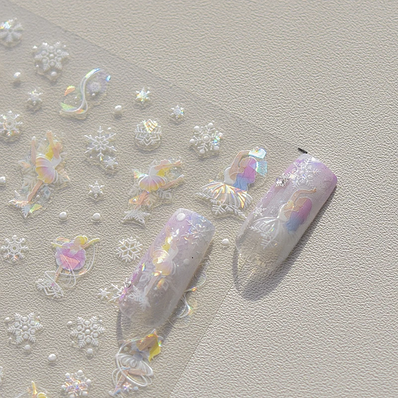 Shell Laser Ballet Dancer on Ice Nail Stickers Dreaming Snowflake White Flower Adhesive Manicure Art Decals To-3654