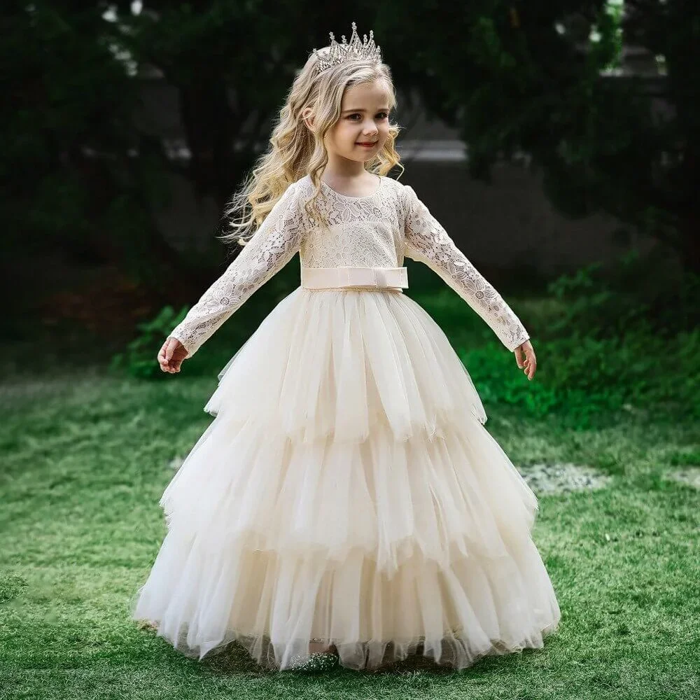 

Elegant Formal Wedding Party Flower Girl Dress Pleat Floor Length Lace Appliques Classic A Line Long Communion Girl Gown