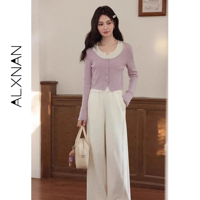 ALXNAN 2025 Autumn Women's Beige High-waist Wide-leg Straight Loose-fit Baggy Pants Casual Office Lady Trousers L569196