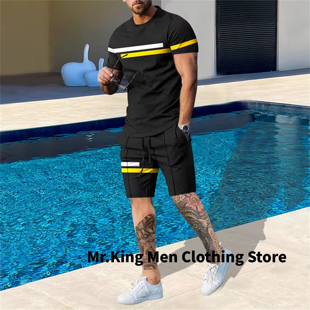 

Summer Men's Fashion T-shirt Suit Casual Beach 3D Print Stripe T-Shirt Shorts Set Round Neck Men Outdoor Tracksuit 2-piece Suit