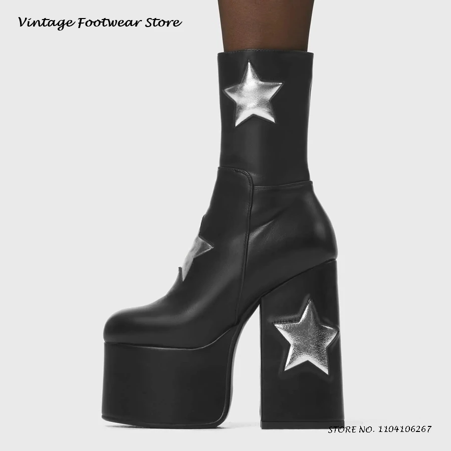 نجوم طباعة منصة حذاء من الجلد عادية جولة تو صندل بكعب مكتنز الارتفاع زيادة الأحذية Y2K الشرير نمط الجانب سستة الجلود الجوارب