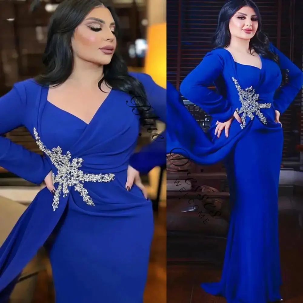 customized Dubai Saudi Arabia Prom Dress Royal Blue V Neck Applique Beaded Special Occaion Evening Gowns Long Sleeves Plus Size