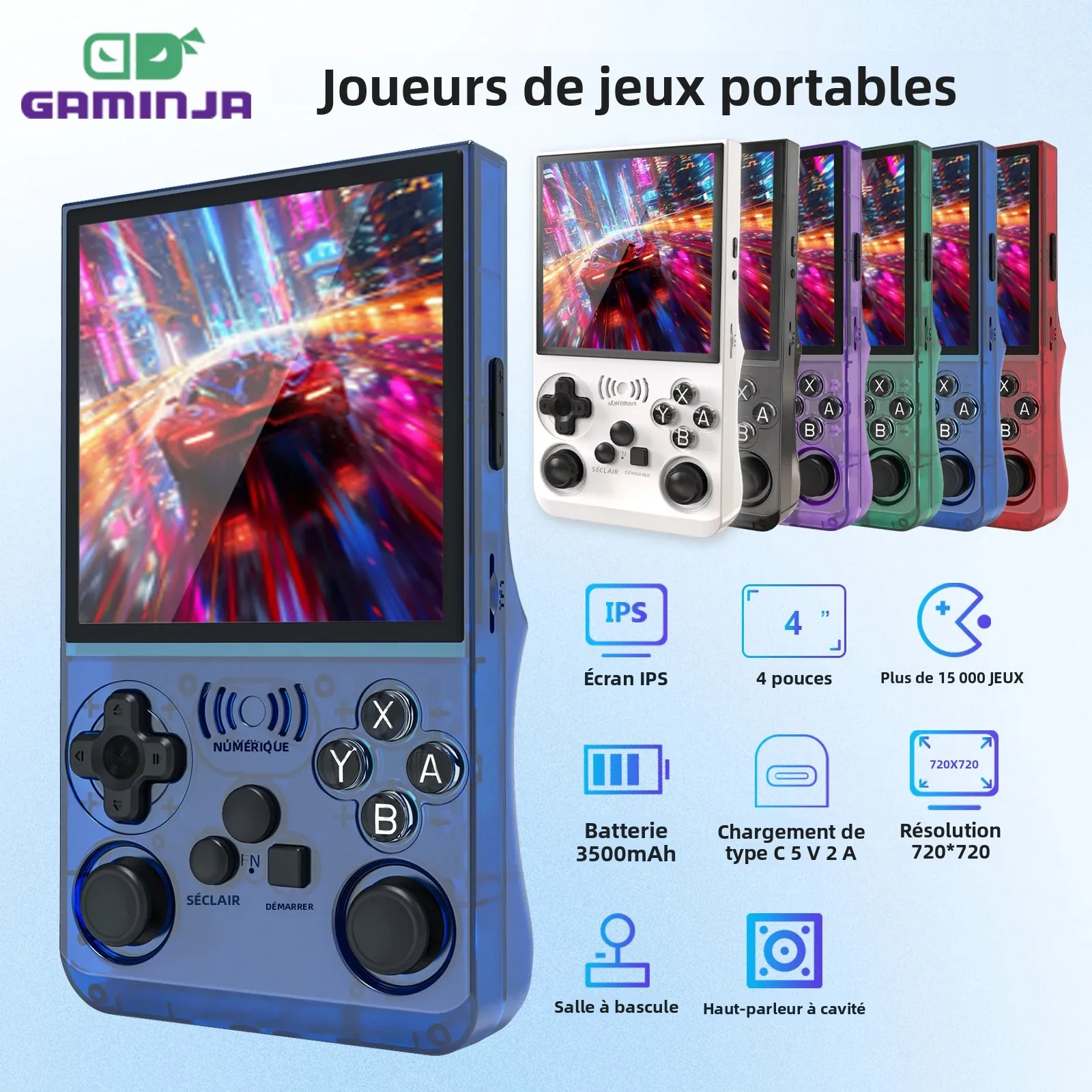 GAMINJA ANS13 Console de jeu vidéo Portable rétro plus de 15000 jeux Linux intégré écran IPS de 4.0 pouces Console de jeu de poche Portable