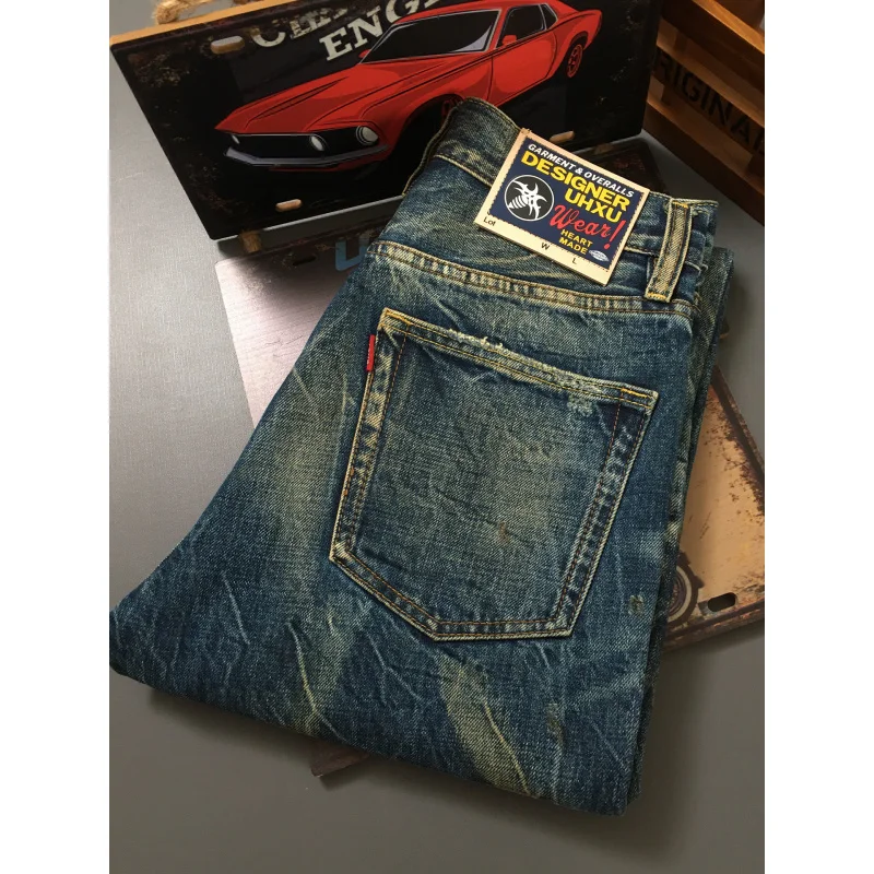 Heavy duty denim pants for men, nostalgic trend 2025 new style, distressed washed loose straight leg scratch jeans