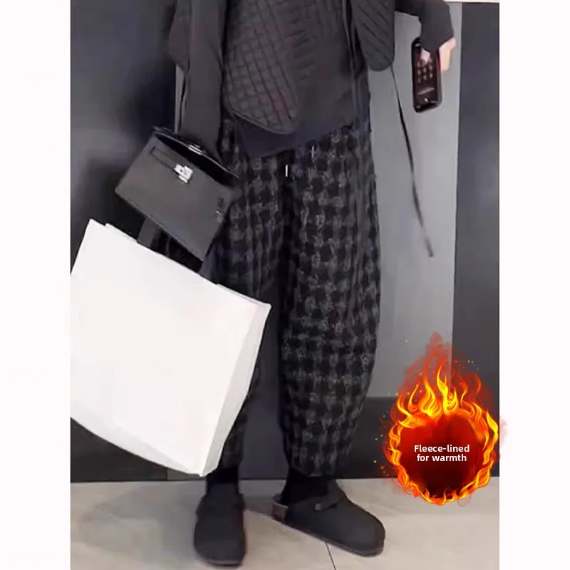 Ele Plaid Fce gevoerde broek met wijde pijpen Casual recht gesneden winter losse afslankbroek voor dames in grote maten
