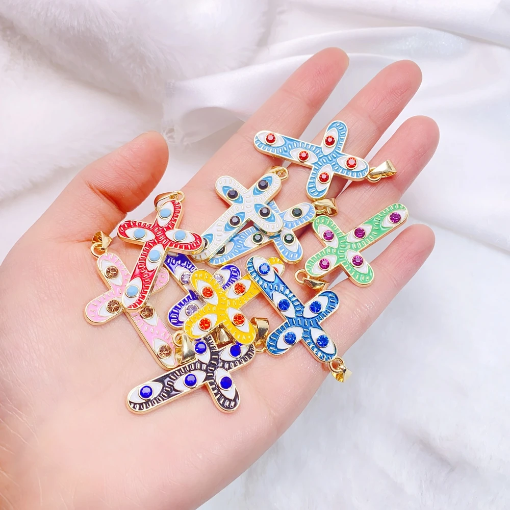 Juya 18K Gold Silver Plated Colorful Enamel Crosses Charms For DIY Religious Rosary Greek Evil Eye Pendants Jewelry Making