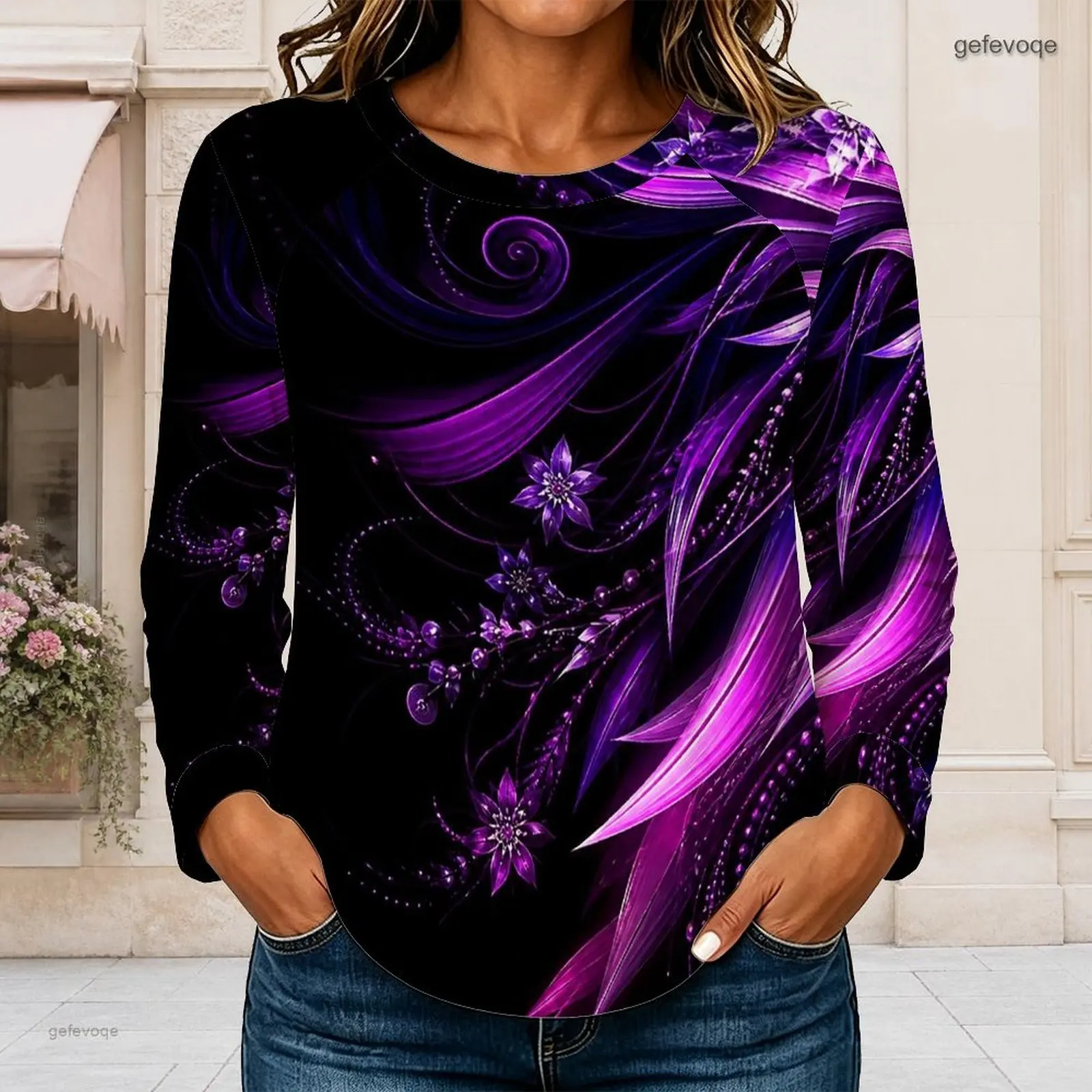 Women Black Base Purple Blue Floral Leaf Printed Round Neck Long Sleeve Top