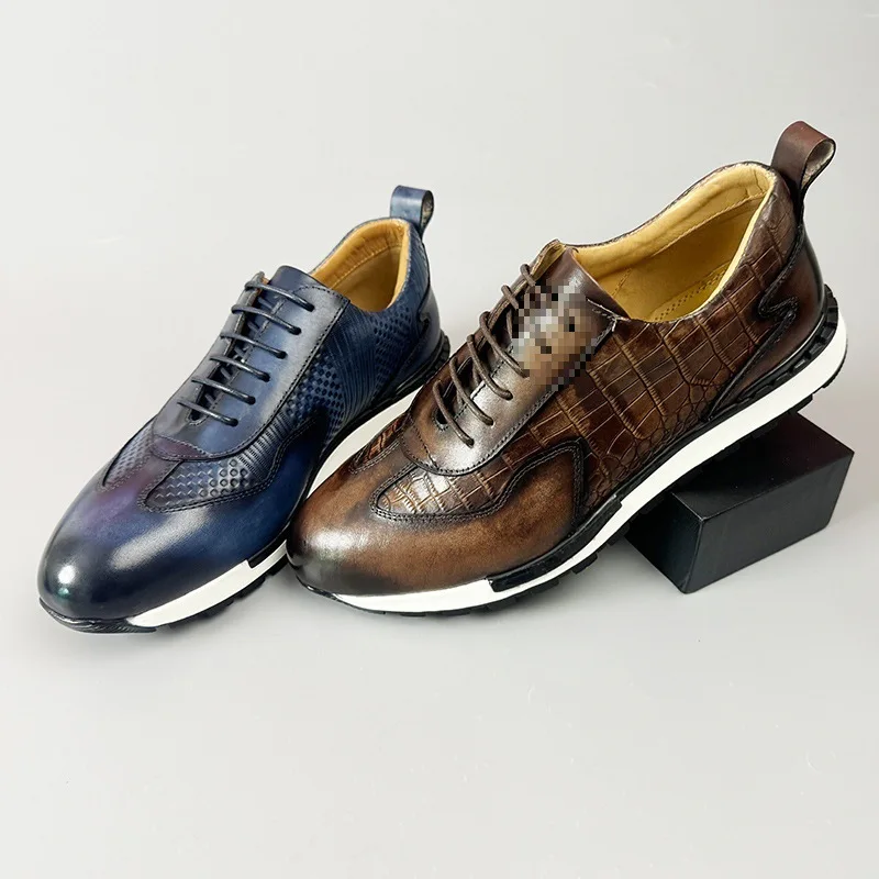 

Brand Mens Casual Sneakers Genuine Leather Lace-Up Comfortable Oxford Fashion Breathable Outdoor Walking Flat Shoes for Men