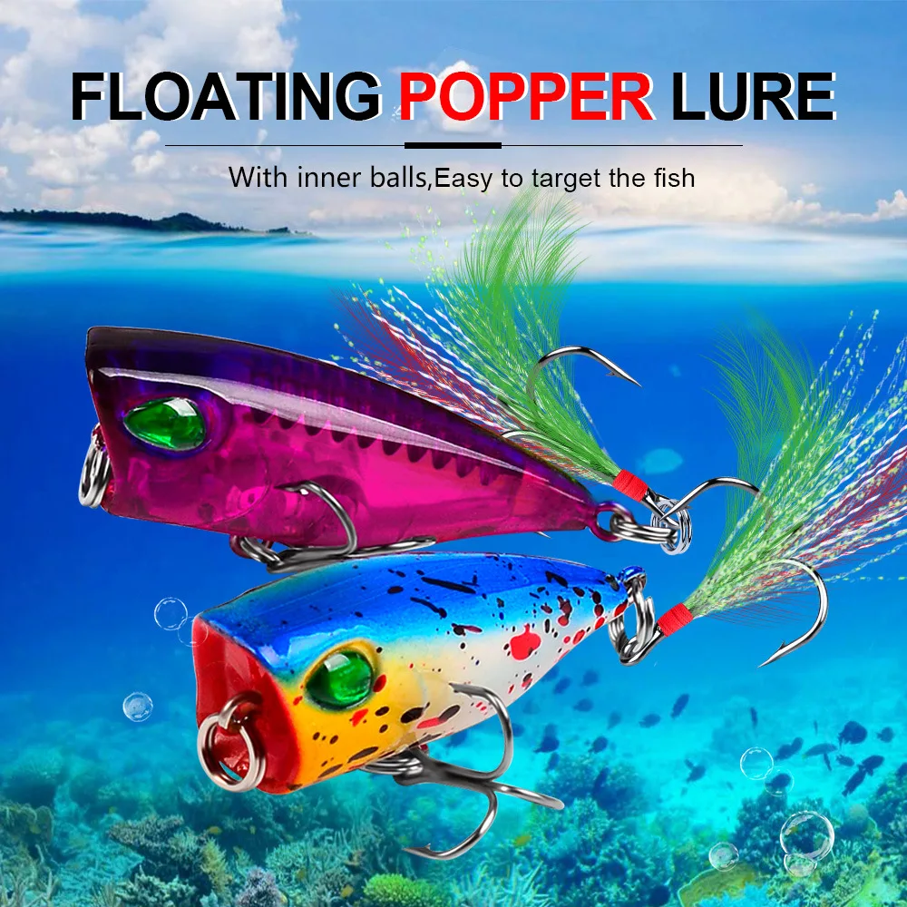 PRO BEROS 1PC Mini Popper Fishing Lure Topwater Hard Bait Artificial Wobblers Plastic Pesca Fishing Tackle with 10# Feather Hook