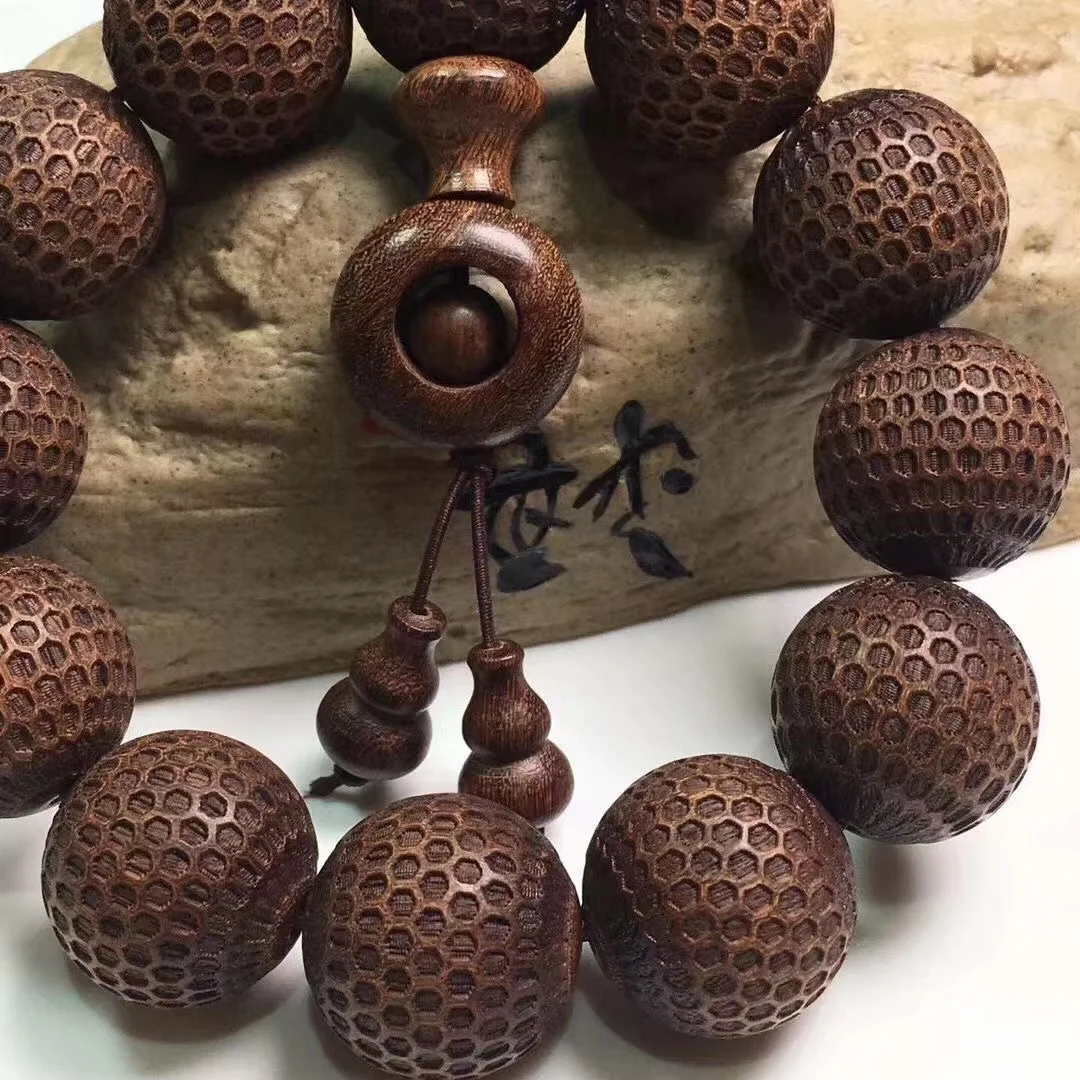 Sandalwood Bracelet Carving Ethnic Style Good Luck Comes Men Women's Rosary Walnuts