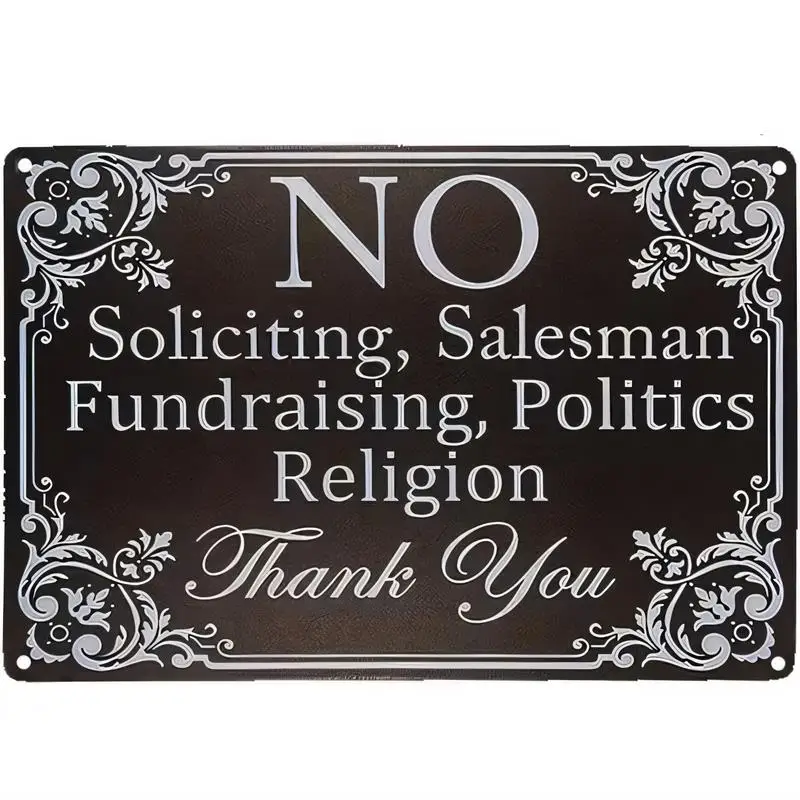 Vintage Black Iron No Soliciting Sign - Ornate White Scrollwork, Retro Decor for Home/Office, Stops Solicitors/Fundraising/Polit