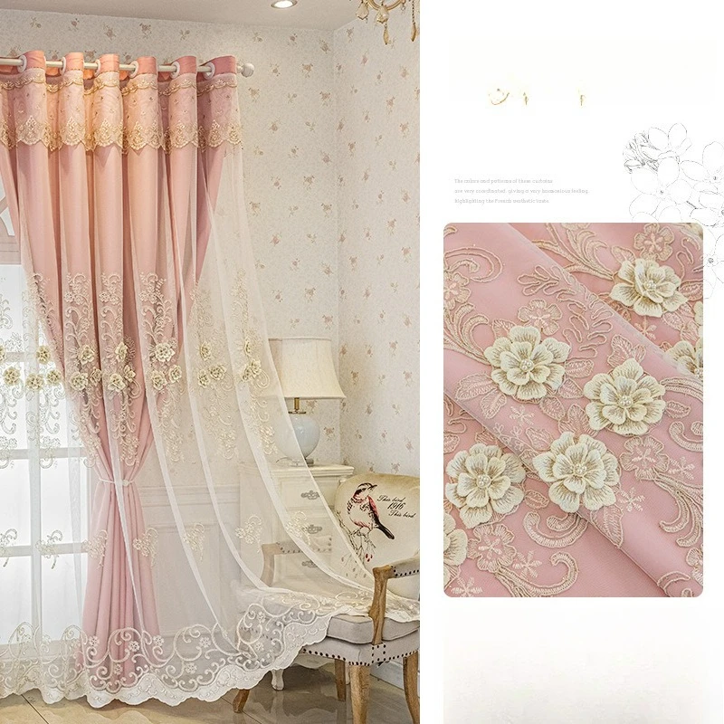 

Curtain New Relief Embroidery Luxury Atmospheric Curtain Bedroom Cream Living Room Finished Double-layer Yarn Full Blackout