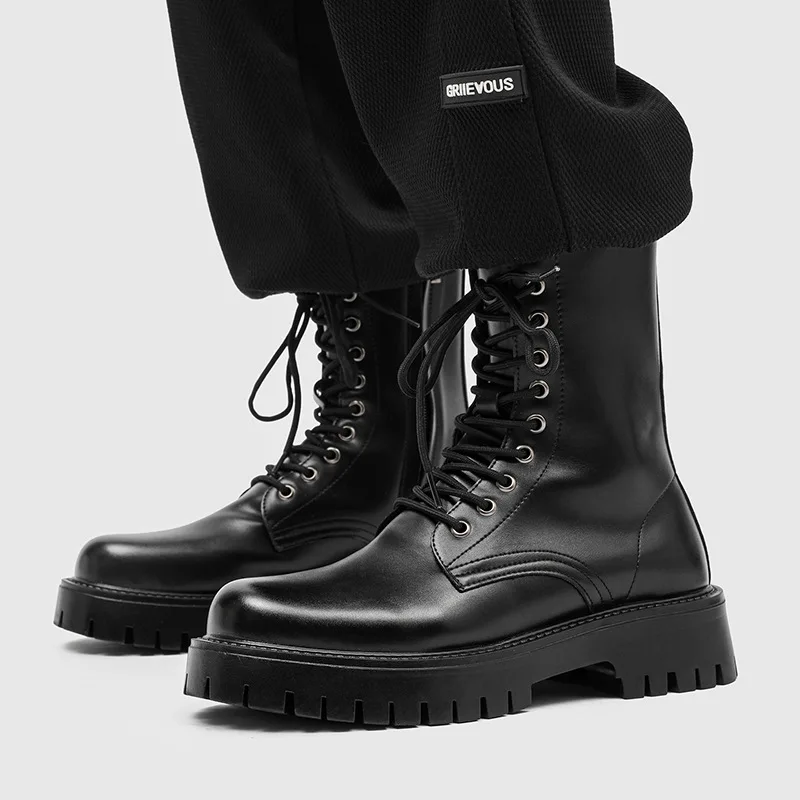 

men luxury fashion punk cosplay natural leather boots lace-up platform shoes cowboy high boot handsome long motorcycle botas man