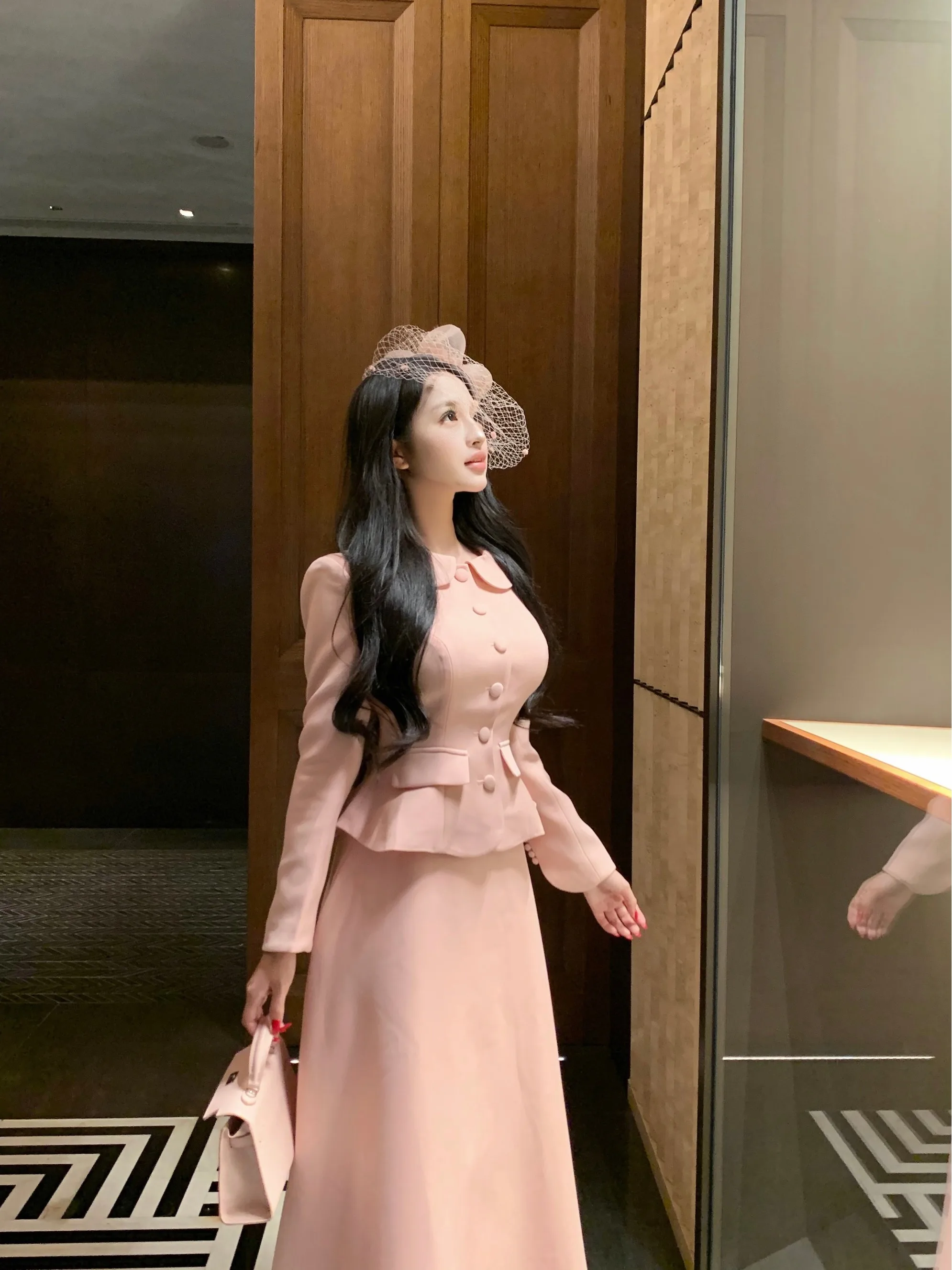 

Elegant French Style Women's Fashion Set High Waist A-Line Skirt Slimming Top Long Sleeve Button up Midi Length Dress