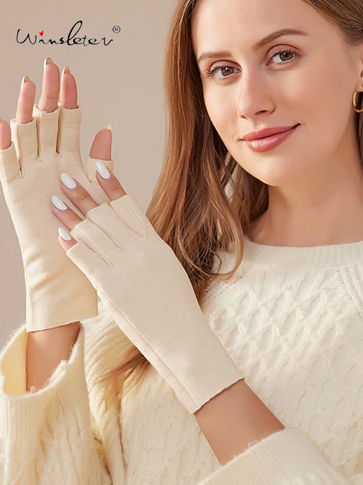 Winsleter-Suede 100%Real Silk Gloves, Unisex Driving Keep Warm, Touchable Screen Half Finger Gloves, 2025 Autumn Winter A57202CC