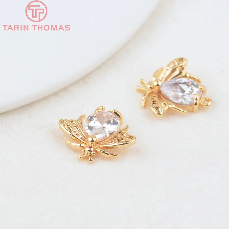 (869)4PCS 14x15MM 24K Gold Color Plated Brass with Zircon Butterfly Insect Charms Pendants High Quality Jewelry Accessories