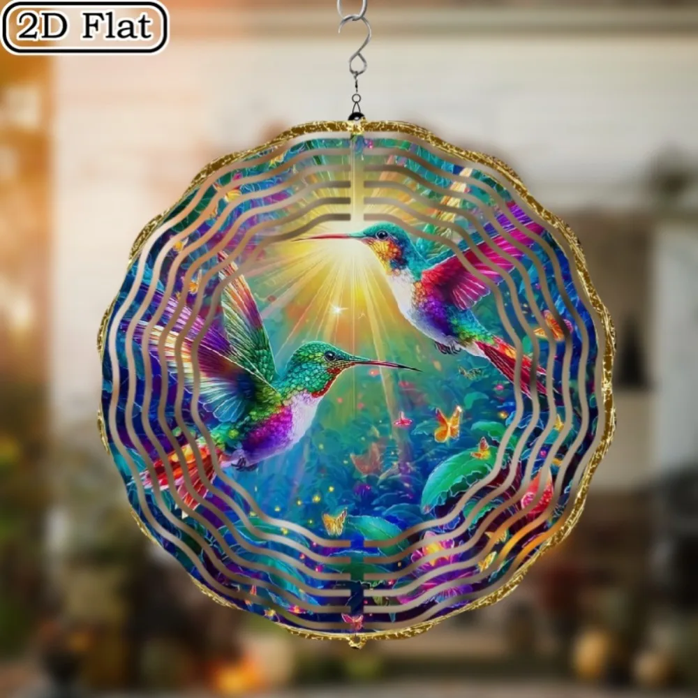 CIFBUY Wind Chime Wind Spinner Hook Hummingbird Colorful Flower Iron Art 2D Flat Design Easy Install Hanging Yard Ornament