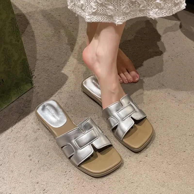 Chunky Slippers Women 2025 Summer New Square Head High Heels Europe and The United States Casual Fashion Slippers Women's Shoes